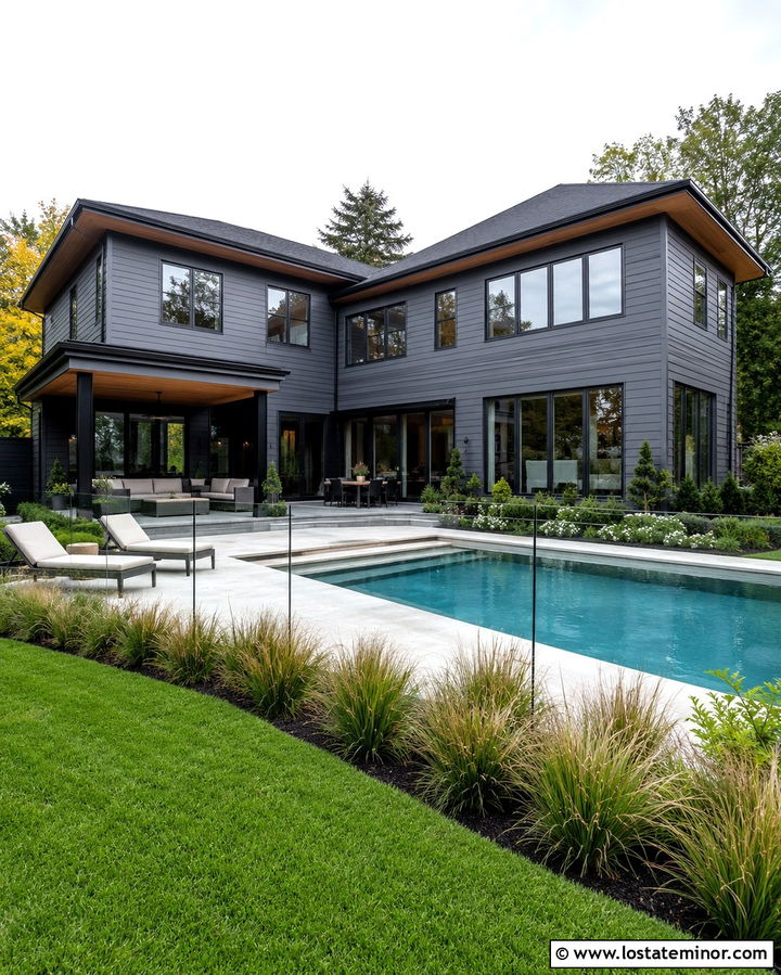 Slate Grey House With Pool And Concrete Patio - 30 Slate Grey House Design With Backyard Ideas