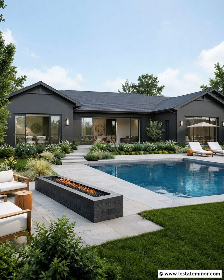 Slate Grey House With Pool And Fire Pit - 30 Slate Grey House Design With Swimming Pool Ideas