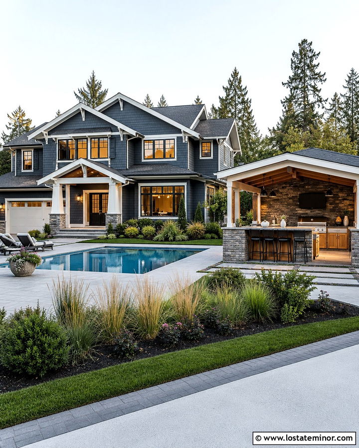 Slate Grey House With Pool And Outdoor Kitchen - 30 Slate Grey House Design With Swimming Pool Ideas