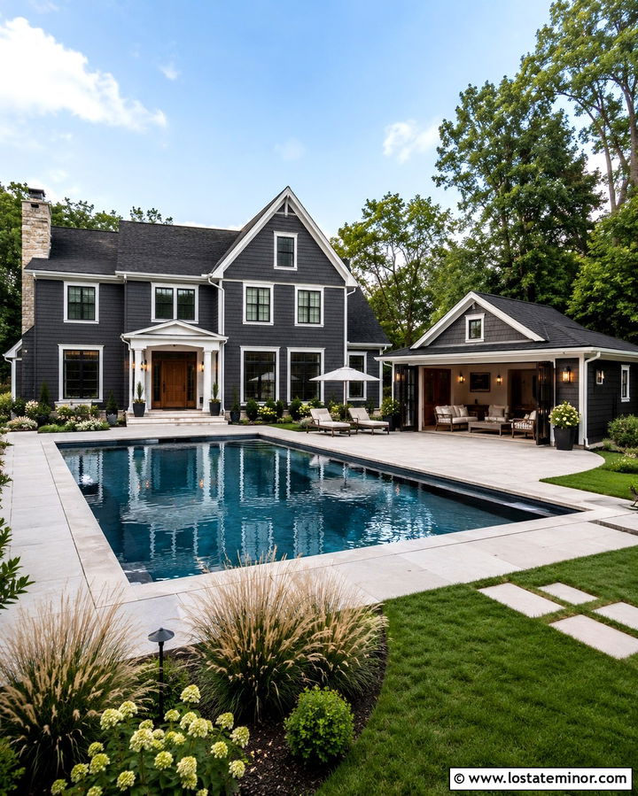 Slate Grey House With Pool Cabana - 30 Slate Grey House Design With Swimming Pool Ideas