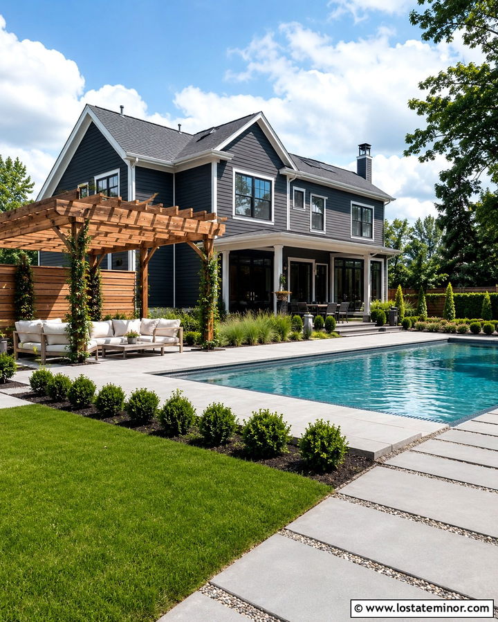 Slate Grey House With Poolside Pergola - 30 Slate Grey House Design With Swimming Pool Ideas