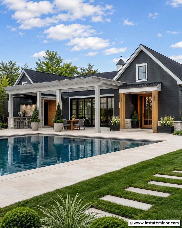 Slate Grey House With Poolside Pergola - 30 Slate Grey House Design With Pergola Ideas