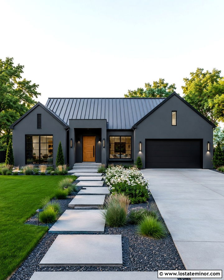 Slate Grey House With Porcelain Paver Walkway - 30 Slate Grey House Design With Walkway Ideas