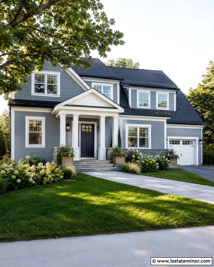 Slate Grey House With Portico And Blue Door - 30 Slate Grey House Design With Portico Ideas