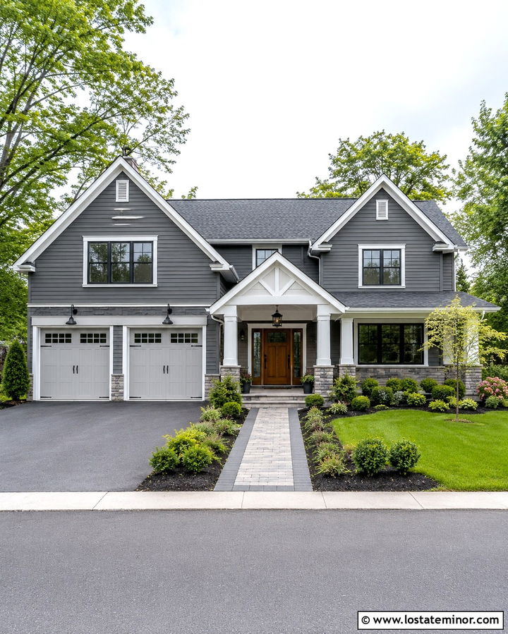 Slate Grey House With Portico And Garage - 30 Slate Grey House Design With Portico Ideas
