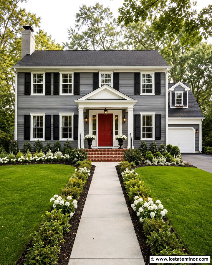 Slate Grey House With Portico And Red Door - 30 Slate Grey House Design With Portico Ideas