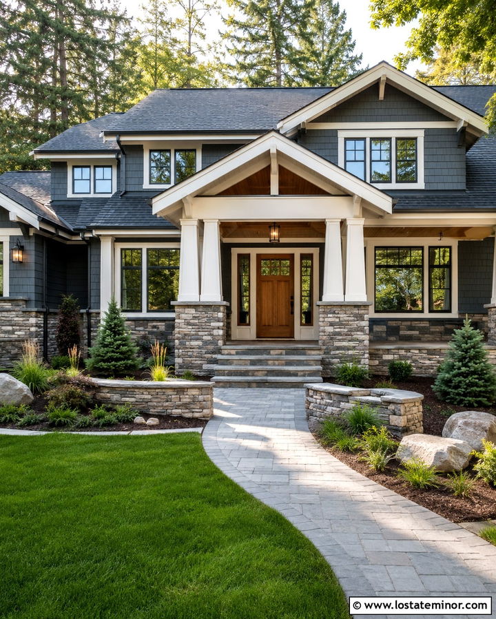 Slate Grey House With Portico And Stone Veneer - 30 Slate Grey House Design With Portico Ideas