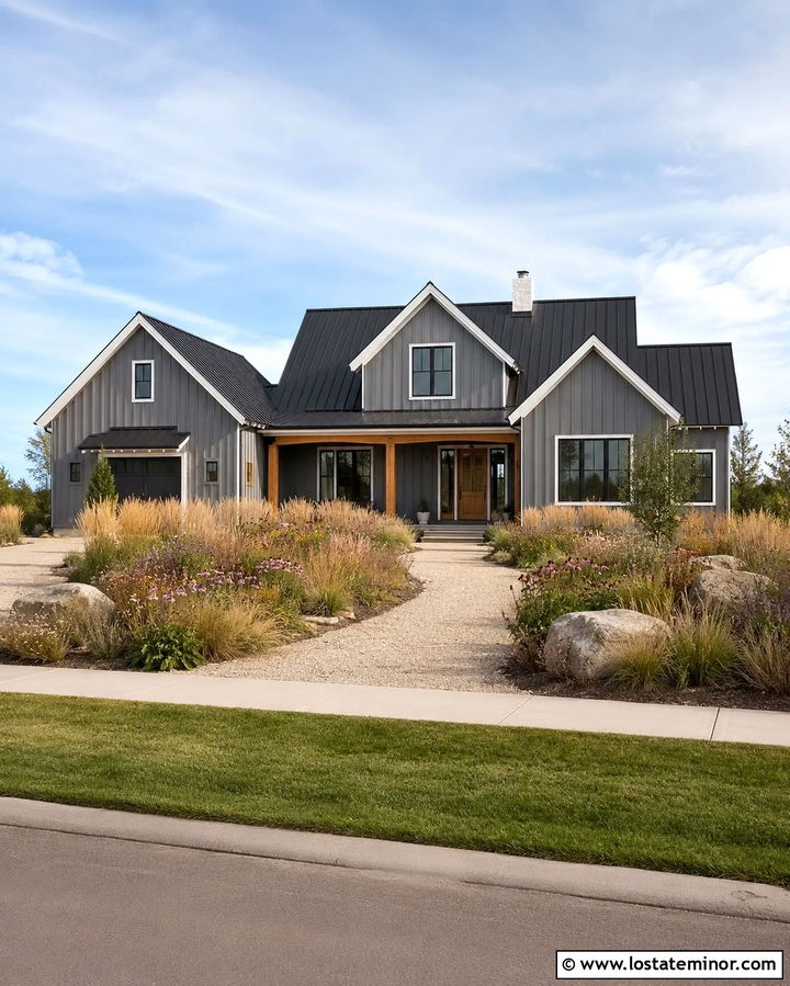Slate Grey House With Prairie Grass Landscaping - 30 Slate Grey House Design With Landscaping Ideas