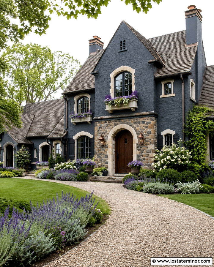Slate Grey House With Purple Flowers In Window Boxes - 30 Slate Grey House Design With Window Boxes Ideas