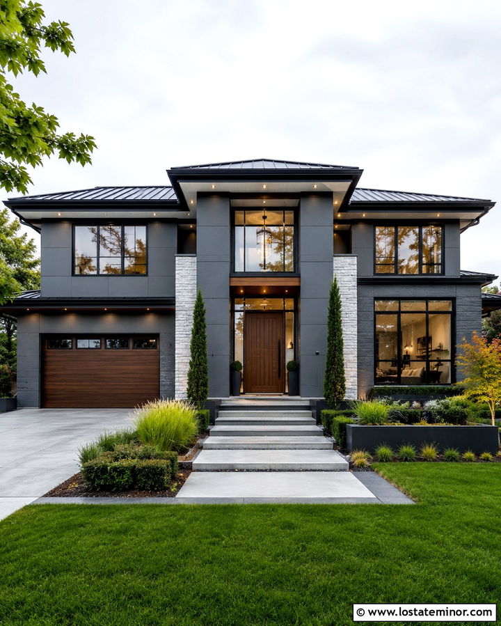 Slate Grey House With Recessed Soffit Lighting - 30 Slate Grey House Design With Lighting Ideas