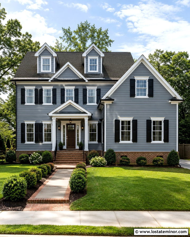 Slate Grey House With Red Brick Foundation - 30 Slate Grey House Design With Dormers Ideas