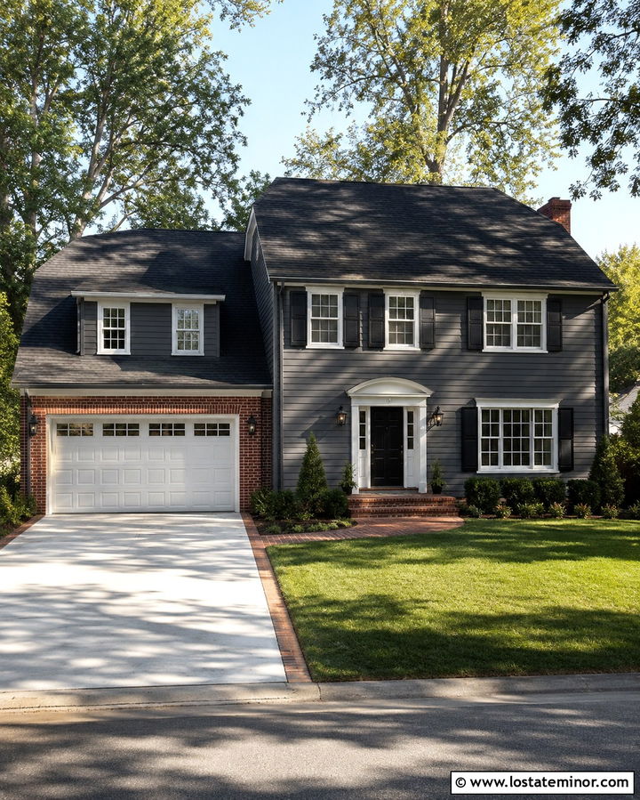 Slate Grey House With Red Brick Garage - 30 Slate Grey House Design With Garage Door Ideas