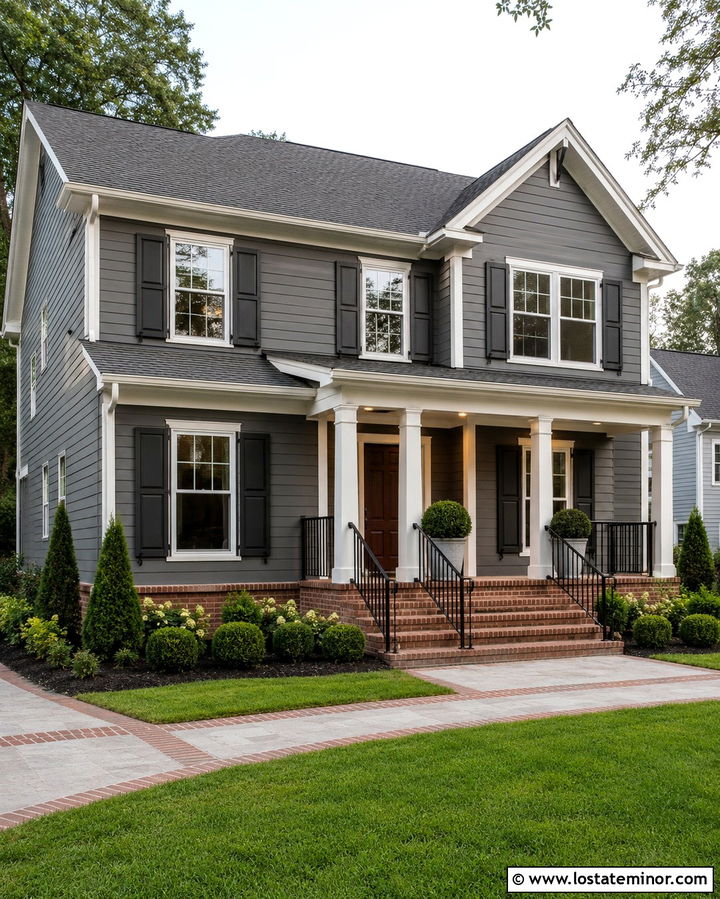 Slate Grey House With Red Brick Porch - 30 Slate Grey House Design With Front Porch Ideas