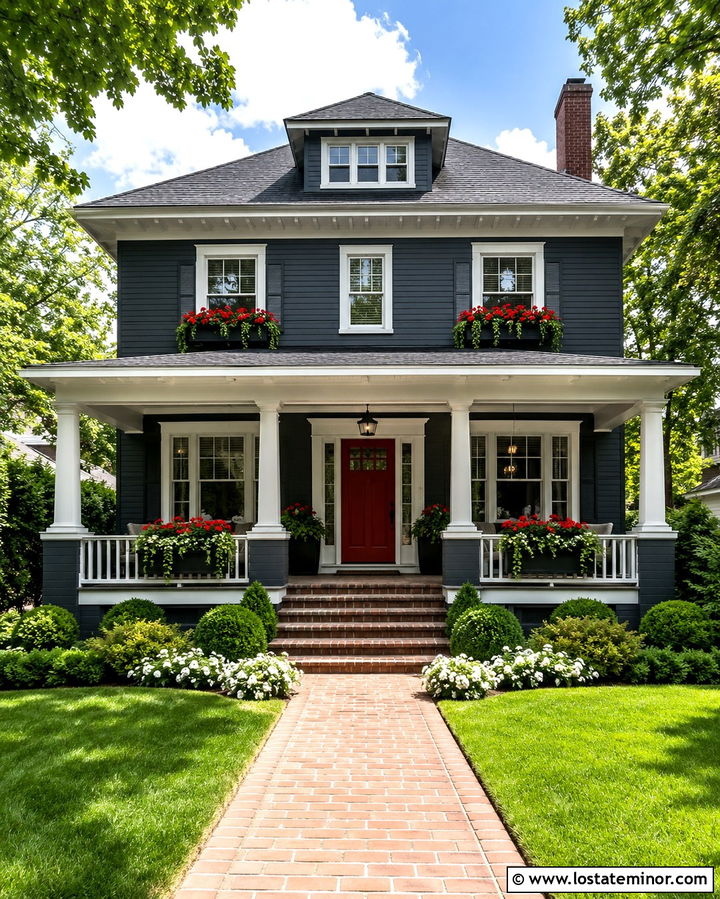 Slate Grey House With Red Door And Window Boxes - 30 Slate Grey House Design With Window Boxes Ideas