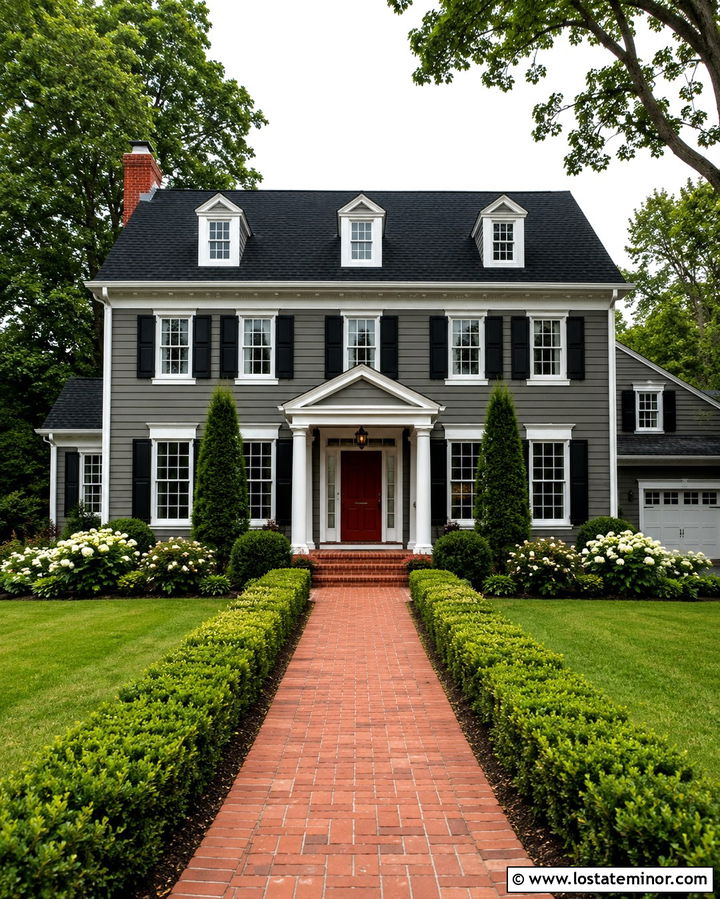 Slate Grey House With Red Front Door And Green Hedges - 30 Slate Grey House Design With Landscaping Ideas