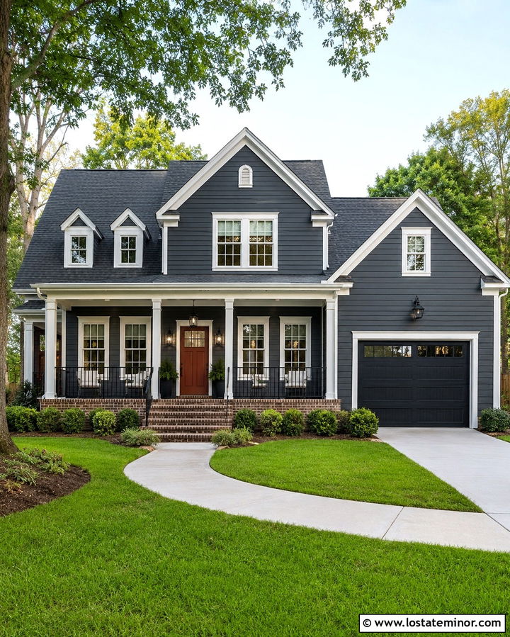 Slate Grey House With Red Front Door And Lanterns - 30 Slate Grey House Design With Light Fixtures Ideas