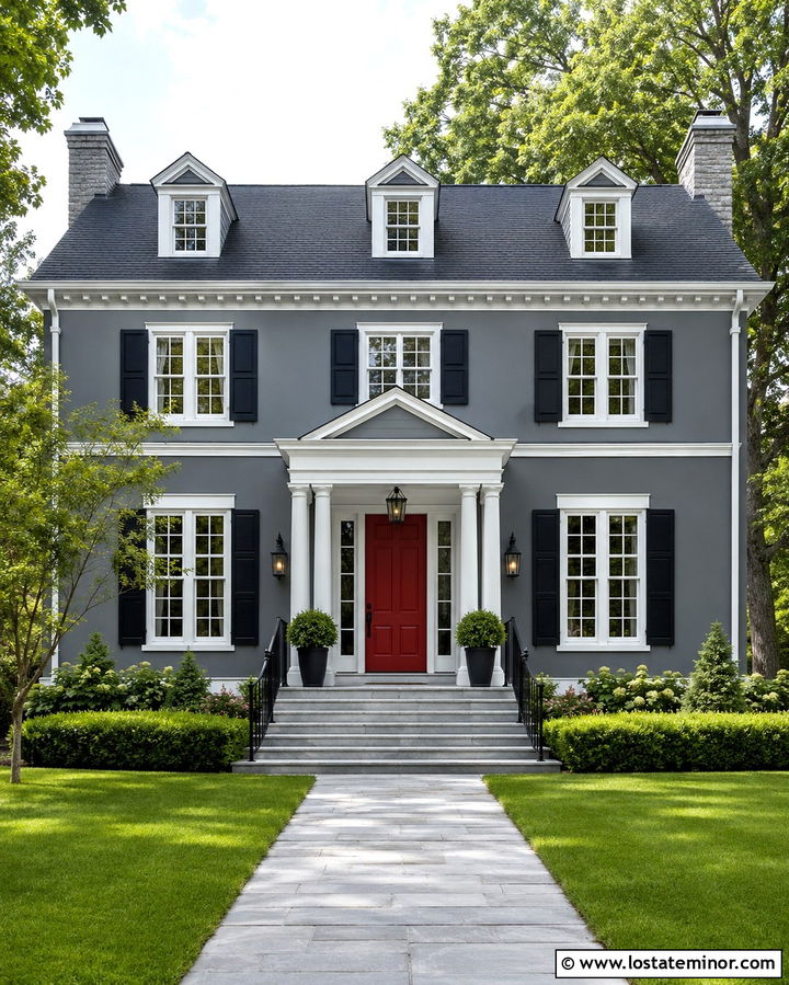 Slate Grey House With Red Front Door And Stone Steps - 30 Slate Grey House Design With Steps Ideas