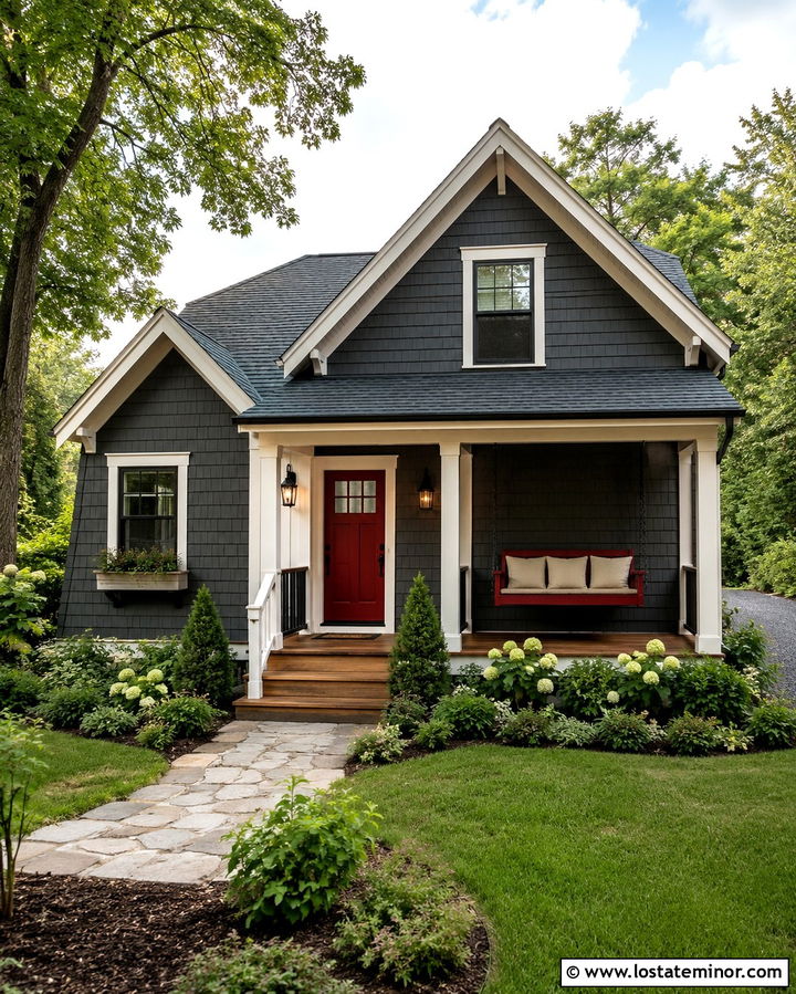 Slate Grey House With Red Porch Swing - 30 Slate Grey House Design With Swing Ideas