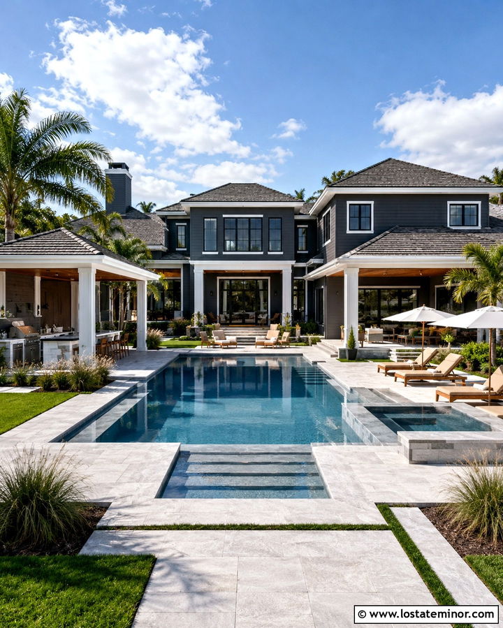 Slate Grey House With Resort Pool - 30 Slate Grey House Design With Swimming Pool Ideas