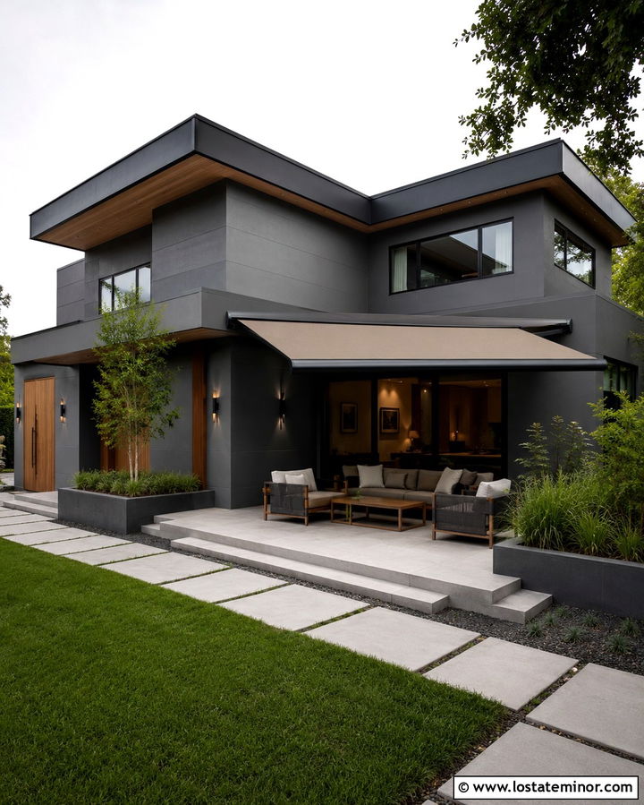 Slate Grey House With Retractable Patio Awning - 30 Slate Grey House Design With Awning Ideas