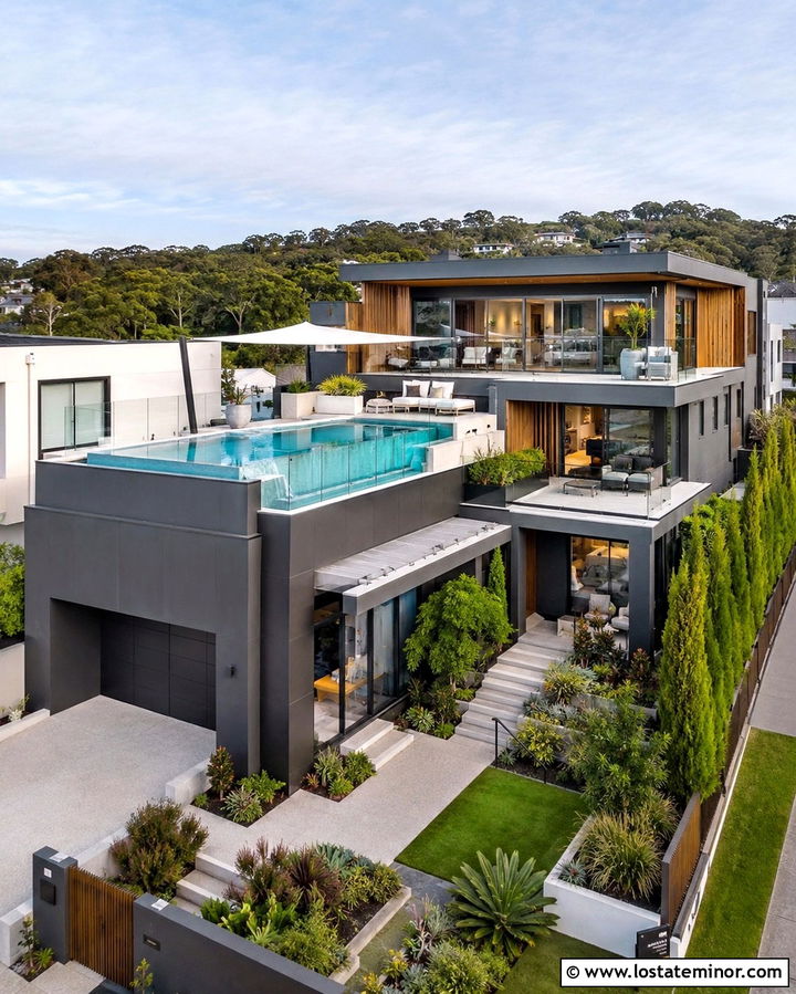 Slate Grey House With Rooftop Pool - 30 Slate Grey House Design With Swimming Pool Ideas