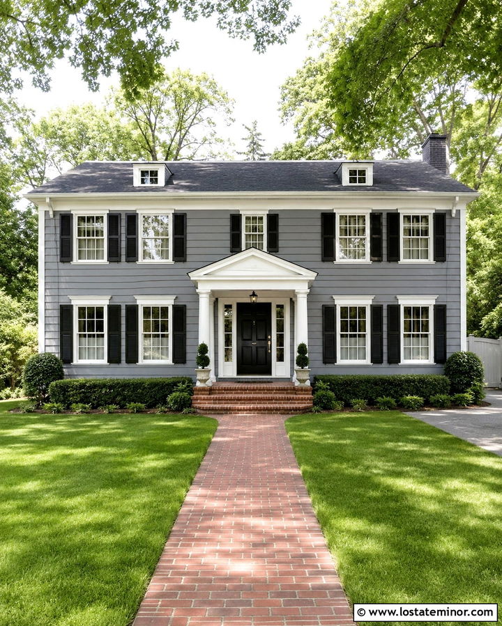 Slate Grey House With Round Column Portico - 30 Slate Grey House Design With Portico Ideas