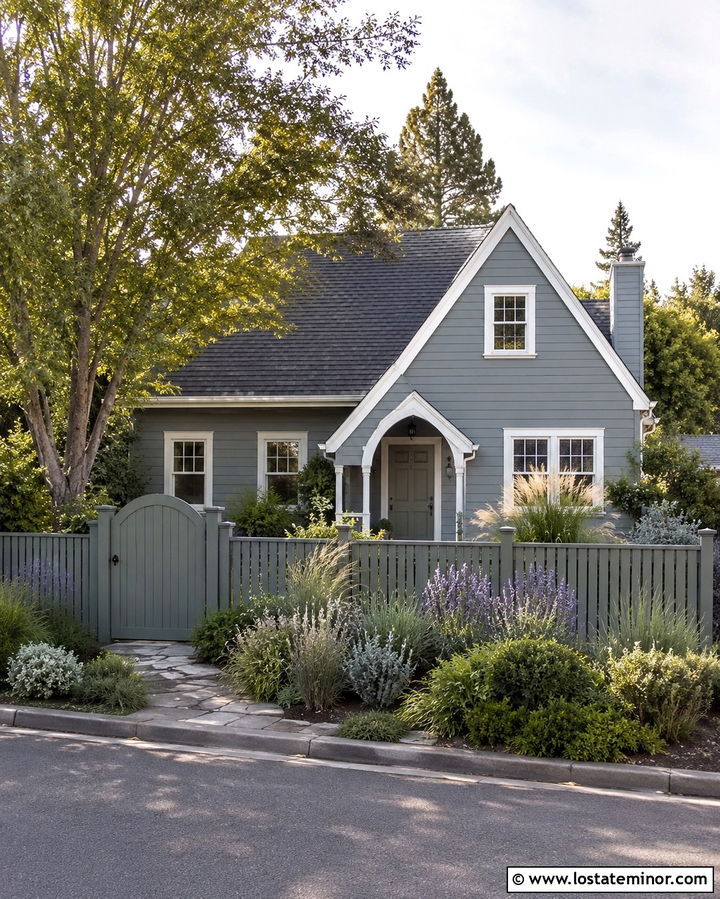 Slate Grey House With Sage Green Fence - 30 Slate Grey House Design With Fence Ideas