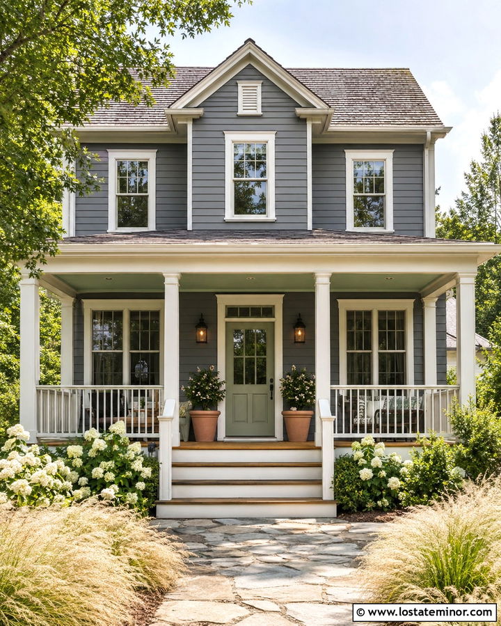 Slate Grey House With Sage Green Front Porch - 30 Slate Grey House Design With Front Porch Ideas