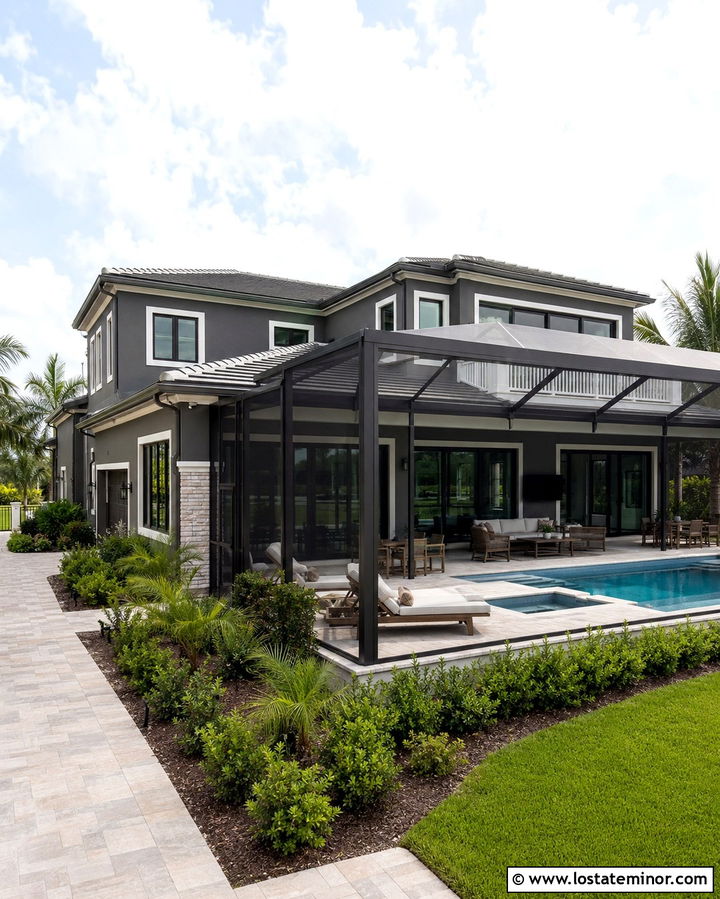 Slate Grey House With Screened Pool Enclosure - 30 Slate Grey House Design With Swimming Pool Ideas