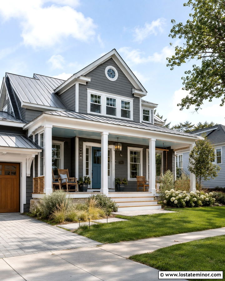 Slate Grey House With Sky Blue Beadboard Ceiling - 30 Slate Grey House Design With Porch Ceiling Ideas