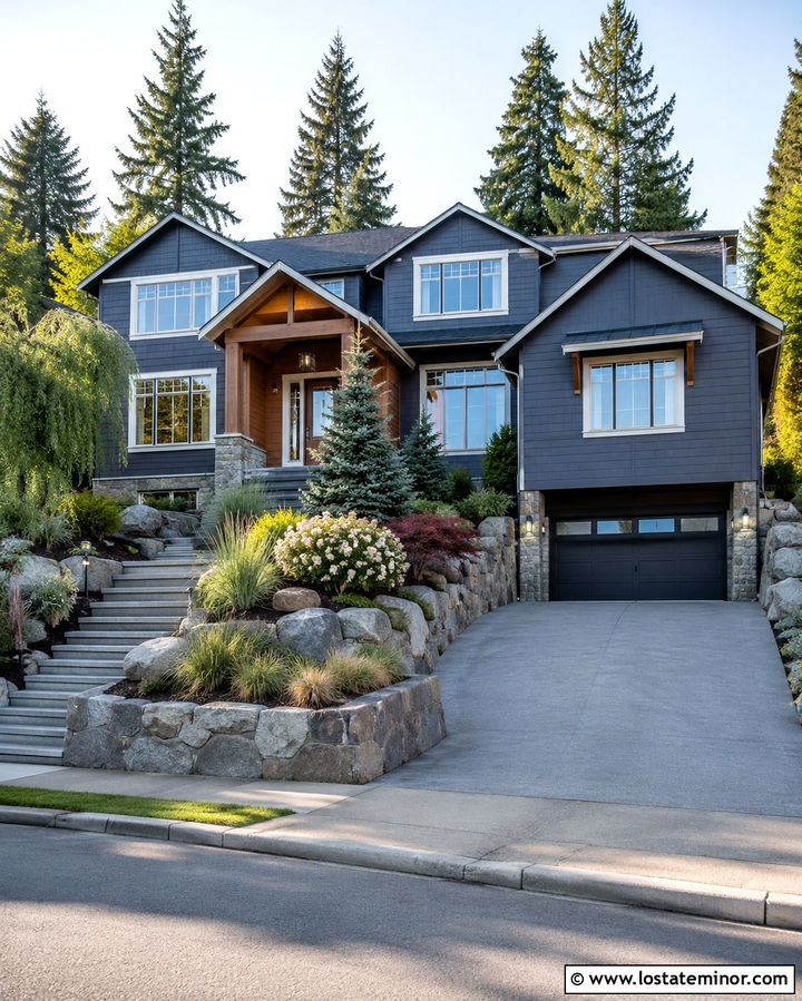 Slate Grey House With Sloped Driveway - 30 Slate Grey House Design With Driveway Ideas