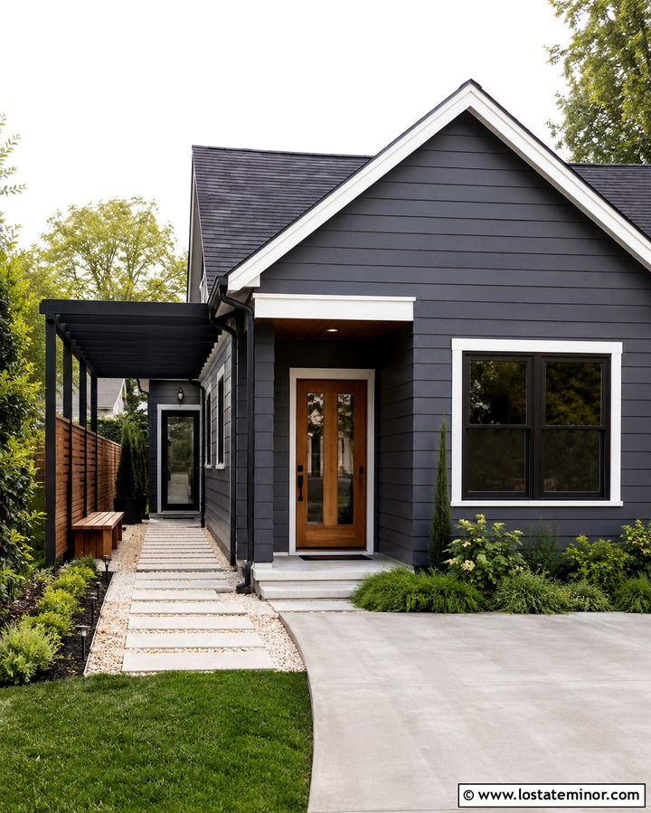 Slate Grey House With Small Side Pergola - 30 Slate Grey House Design With Pergola Ideas