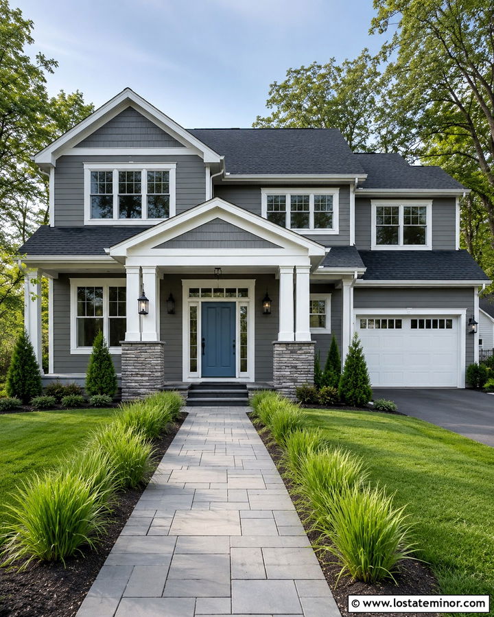 Slate Grey House With Square Column Portico - 30 Slate Grey House Design With Portico Ideas