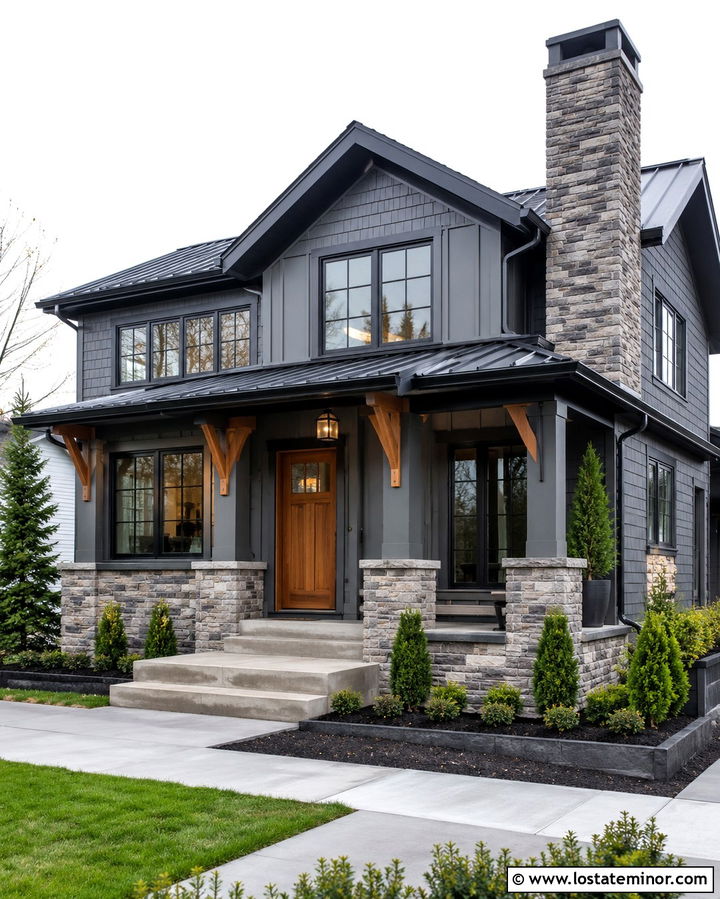 Slate Grey House With Stacked Stone Chimney - 30 Slate Grey House Design With Chimney Ideas