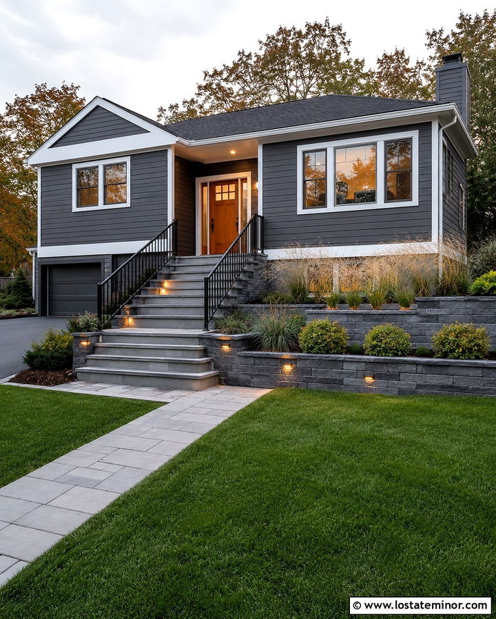 Slate Grey House With Stair Lights - 30 Slate Grey House Design With Lighting Ideas