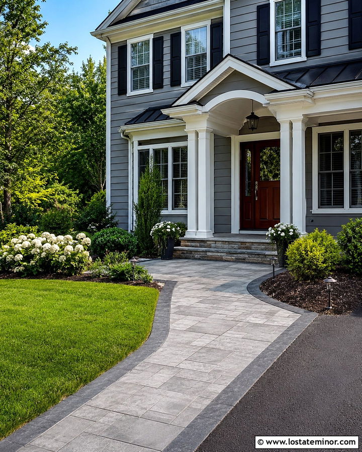 Slate Grey House With Stamped Concrete Walkway - 30 Slate Grey House Design With Walkway Ideas