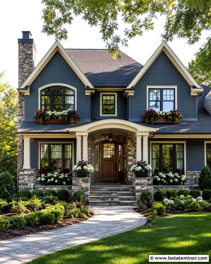 Slate Grey House With Stone Accents And Window Boxes - 30 Slate Grey House Design With Window Boxes Ideas