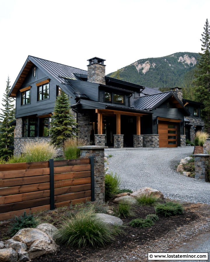 Slate Grey House With Stone And Cedar Fence - 30 Slate Grey House Design With Fence Ideas