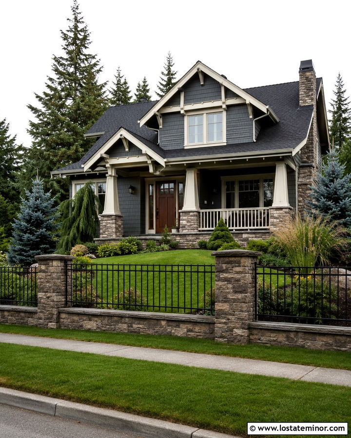Slate Grey House With Stone And Iron Fence - 30 Slate Grey House Design With Fence Ideas