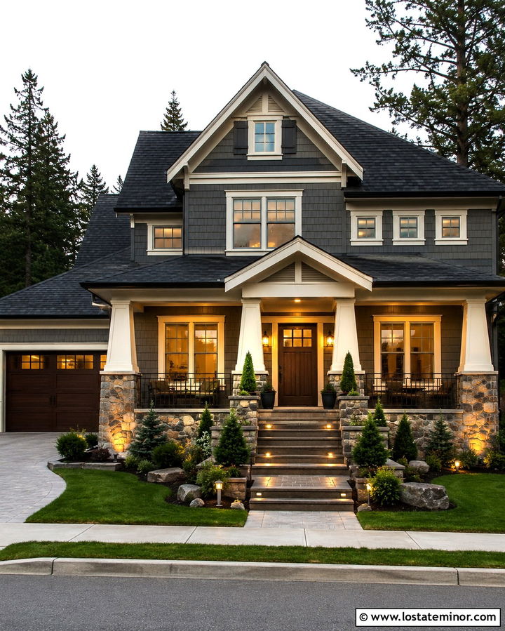 Slate Grey House With Stone Base Columns - 30 Slate Grey House Design With Porch Columns Ideas