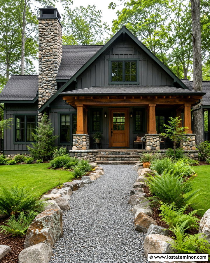 Slate Grey House With Stone Border Walkway - 30 Slate Grey House Design With Walkway Ideas