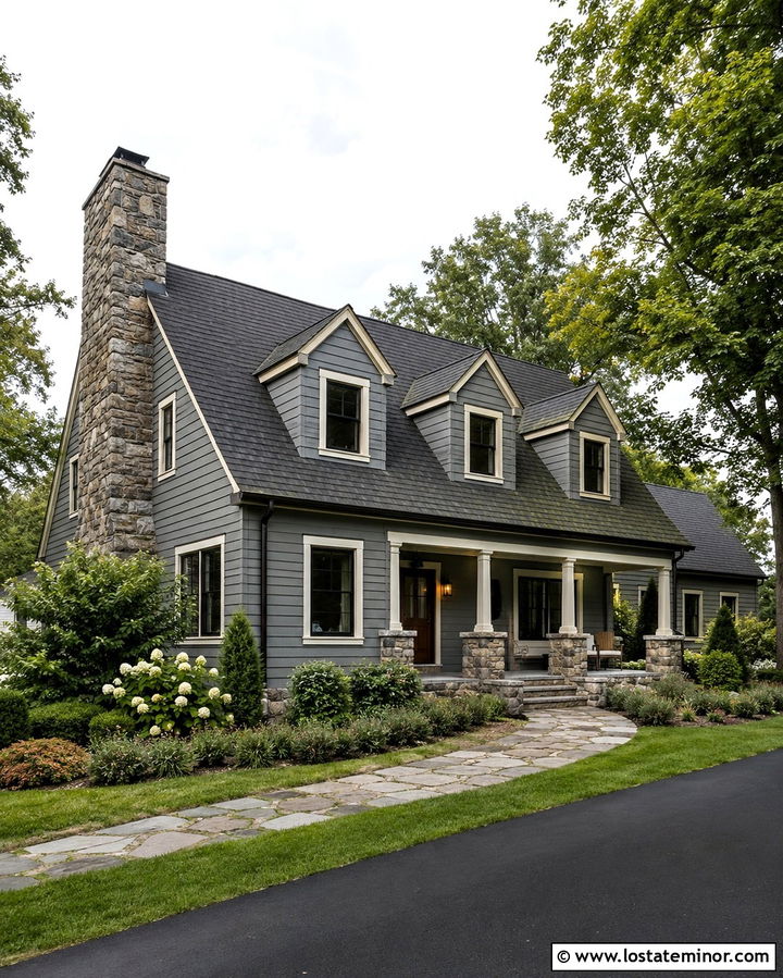 Slate Grey House With Stone Chimney And Dormers - 30 Slate Grey House Design With Dormers Ideas