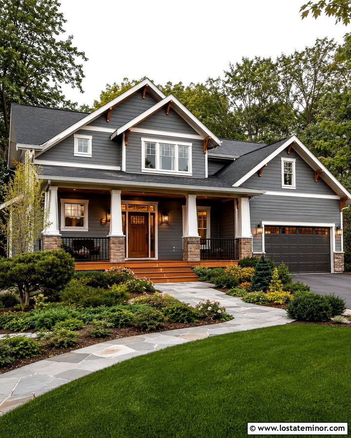 Slate Grey House With Stone Column Deck - 30 Slate Grey House Design With Deck Ideas