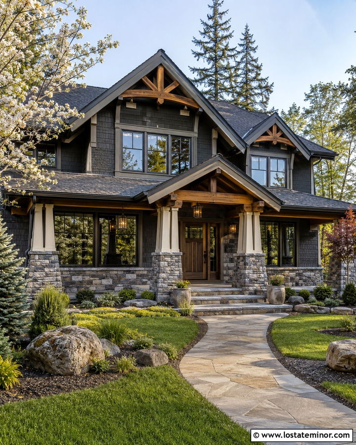 Slate Grey House With Stone Columns And Porch - 30 Slate Grey House Design With Front Porch Ideas