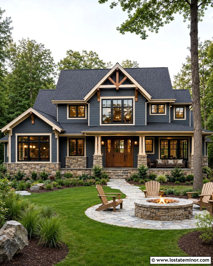 Slate Grey House With Stone Fire Pit - 30 Slate Grey House Design With Backyard Ideas