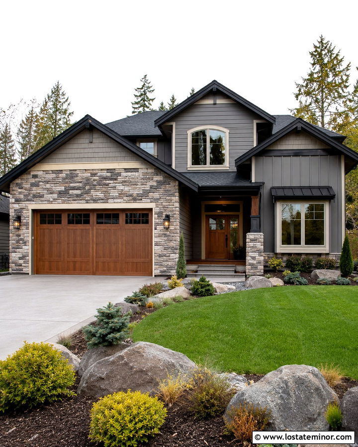 Slate Grey House With Stone Garage Surround - 30 Slate Grey House Design With Garage Door Ideas