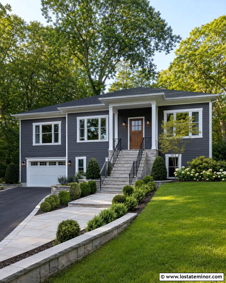 Slate Grey House With Stone Porch And Black Railings - 30 Slate Grey House Design With Accents Ideas