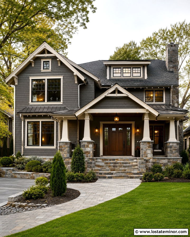Slate Grey House With Stone Porch And Bronze Lights - 30 Slate Grey House Design With Light Fixtures Ideas