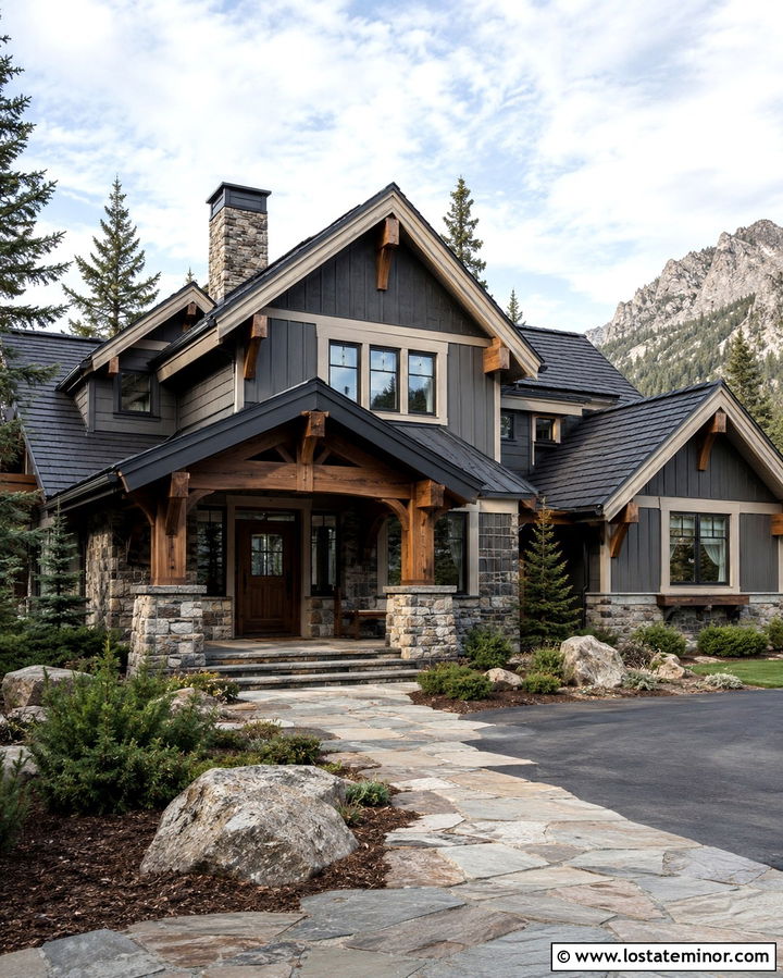 Slate Grey House With Stone Porch Awning - 30 Slate Grey House Design With Awning Ideas