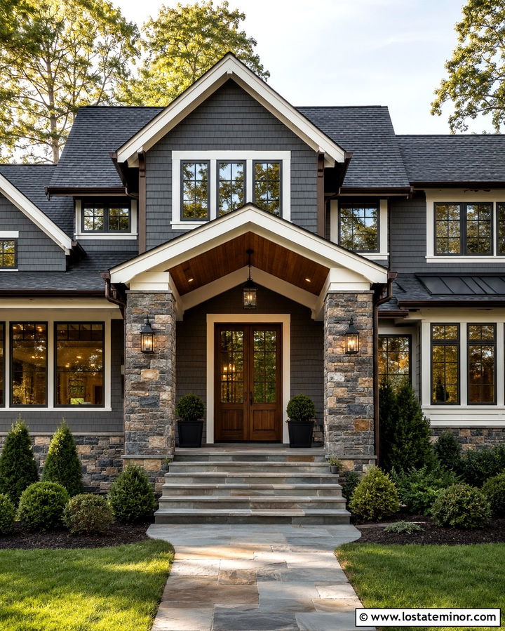 Slate Grey House With Stone Porch Columns And Wood Door - 30 Slate Grey House Design With Porch Columns Ideas